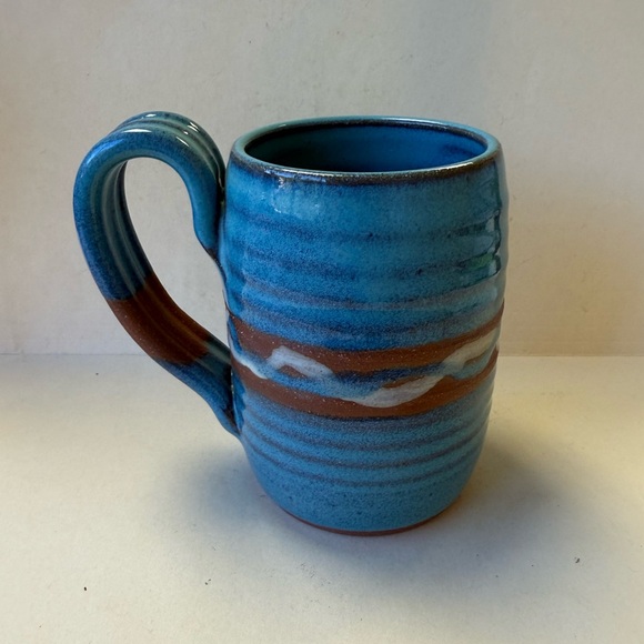 Handcrafted Hand Thrown Blue Brown and White Ceramic Redware Coffee Cup Mug - Picture 3 of 10